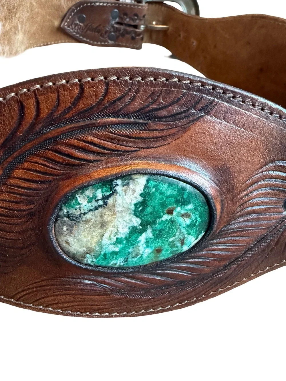 Buffalo Co. Brown Leather Belt Embossed Floral Stamped Unique Turquoise Women's